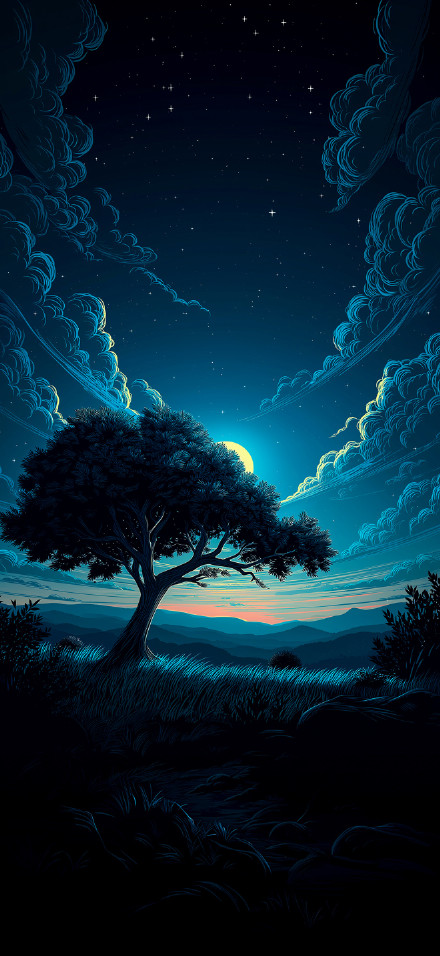 Fantasy landscape phone wallpaper, tree, starry sky, moon, dark background