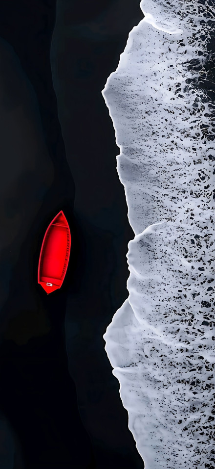 Beach phone wallpaper: black sand, red boat, white waves