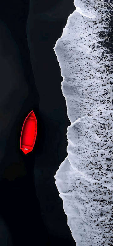 Beach phone wallpaper: black sand, red boat, white waves