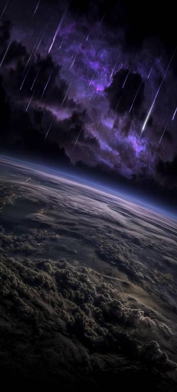Purple starry sky mobile wallpaper, earth, meteors, dark clouds