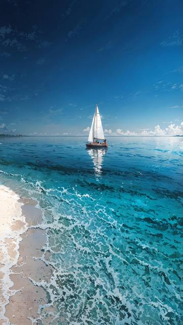 Seaside scenery illustration wallpaper, sailboat, blue sky, beach