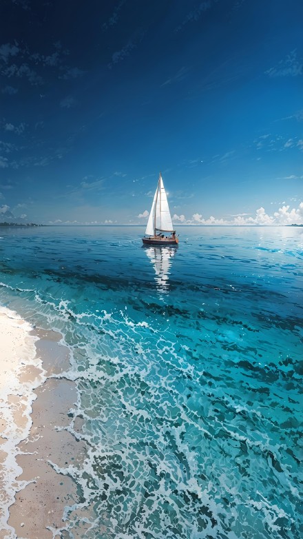 Seaside scenery illustration wallpaper, sailboat, blue sky, beach
