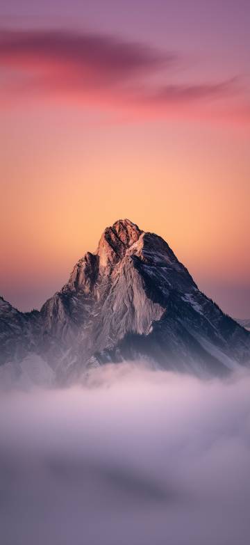 Mountain phone wallpaper, sunset, fog, pink-purple background