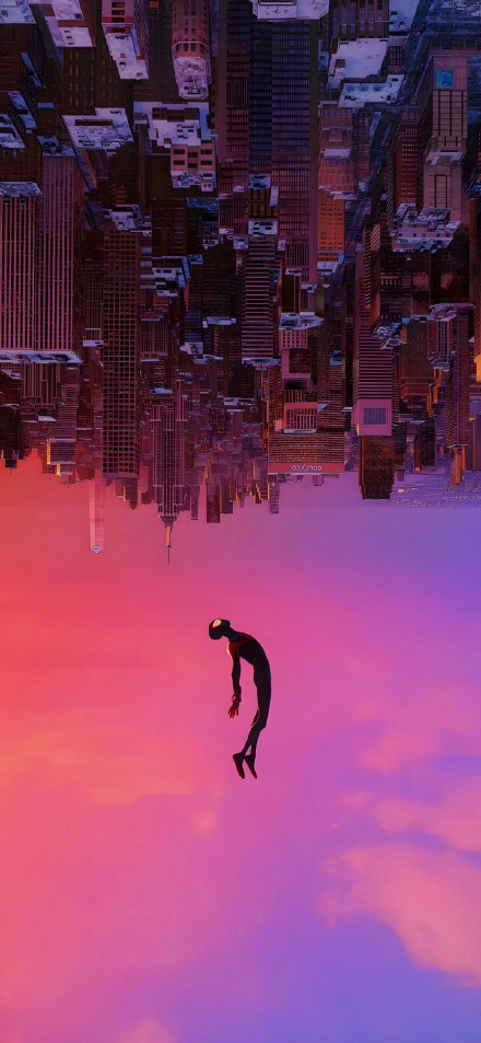 Spider-Man in a pink-purple sky Phone wallpaper