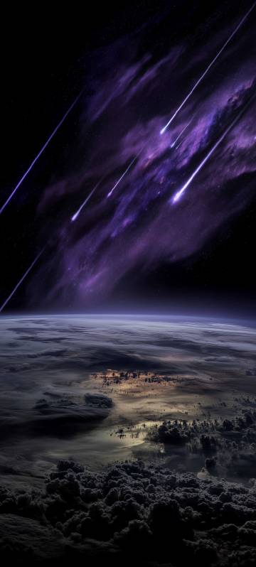Starry sky phone wallpaper, earth, meteors, purple clouds