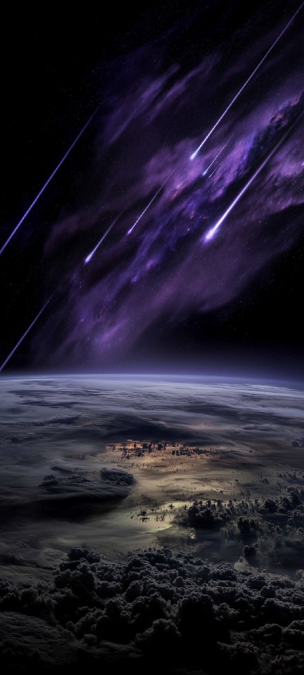 Starry sky phone wallpaper, earth, meteors, purple clouds