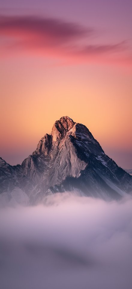 Mountain phone wallpaper, sunset, fog, pink-purple background