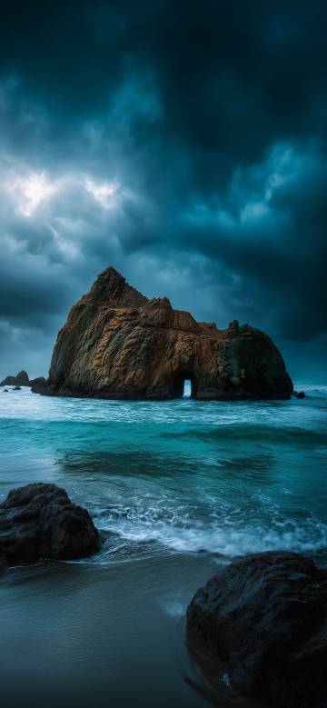 Coastal rock under the gloomy sky phone wallpaper
