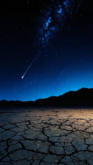 Starry sky wallpaper, blue starry sky, meteors, dry cracked land