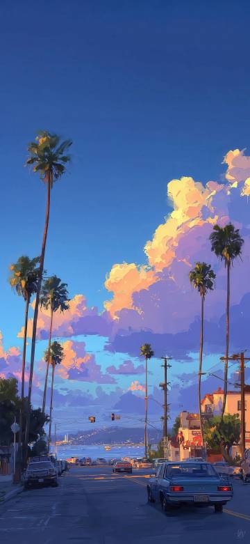 Sunset Over a Coastal City Street 4K Phone Wallpaper