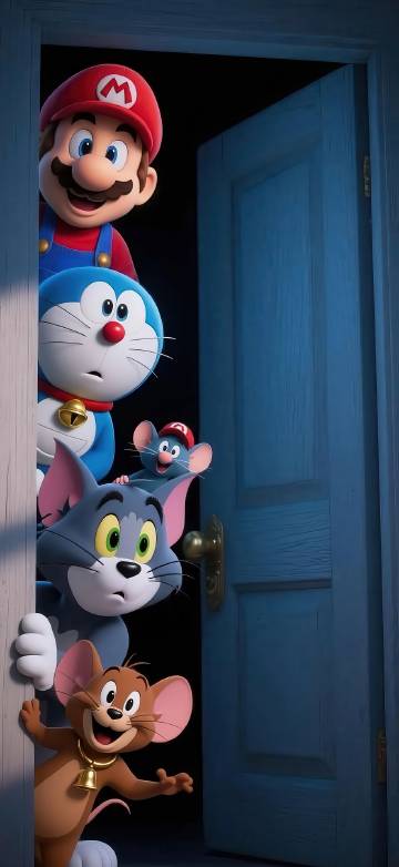 Mario and Doraemon Peeking From The Door Wallpaper