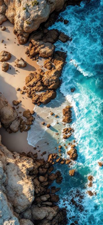 Aerial View of Rocky Coastline and Turquoise Sea 4K Phone Wallpaper