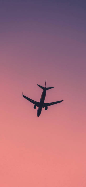 Plane Flying Under a Purple Sunset Sky Wallpaper