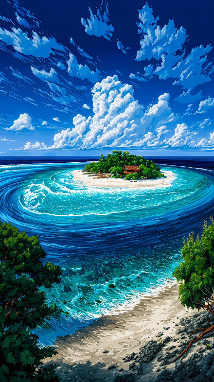 Turquoise Water & White-Sand Beach Illustration 4K Wallpaper