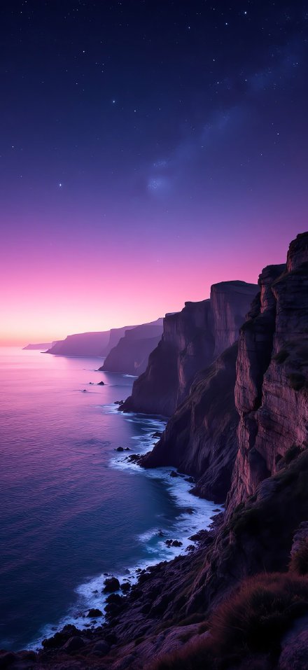 Violet Twilight over Ocean Cliffs Phone Wallpaper
