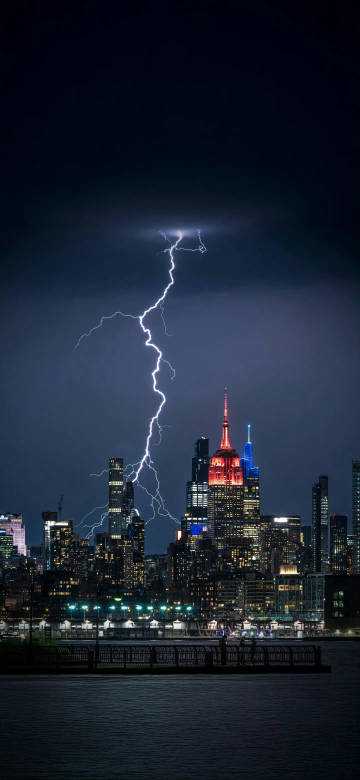 Lightning Over New York Skyline at Night