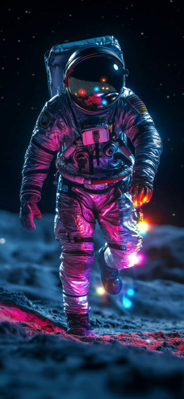 Astronaut Walking on Neon Moon Surface 4K Phone Wallpaper