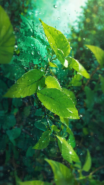 Fresh Green Leaves With Water Drops Wallpaper 4K