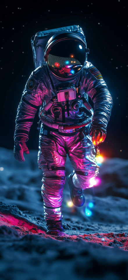 Astronaut Walking on Neon Moon Surface 4K Phone Wallpaper