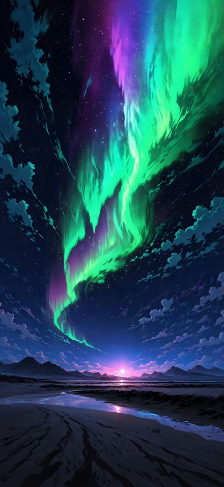 Magical Green And Purple Aurora Over Night Sky 4K Phone Wallpaper