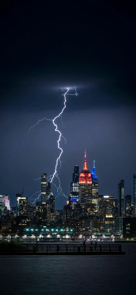 Lightning Over New York Skyline at Night