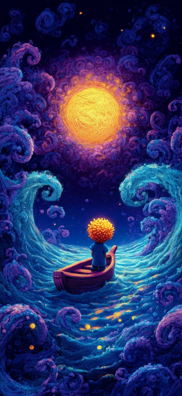 Phone Wallpaper: Van Gogh Style, Starry Waves, Dreamy Sea, Boy in Boat free download