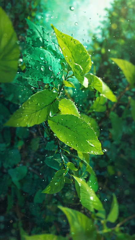 Fresh Green Leaves With Water Drops Wallpaper 4K
