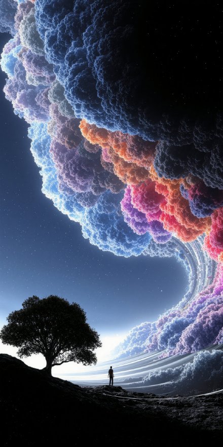 Phone Wallpaper: Starry Sky, Cosmic Clouds, Lone Tree, Silhouette 4K