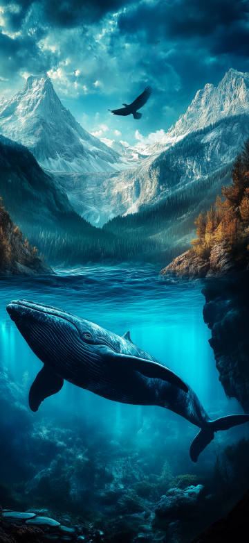 Fantasy Whale In Mountain Lake 4K Wallpaper