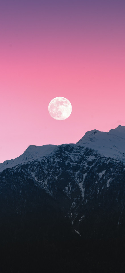 Scenery 4K Wallpaper: Purple Sky, Snowy Mountains, Full Moon