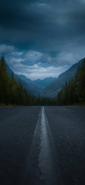 Landscape Wallpaper: Mountain Road, Gloomy Sky, Forest, Aesthetic