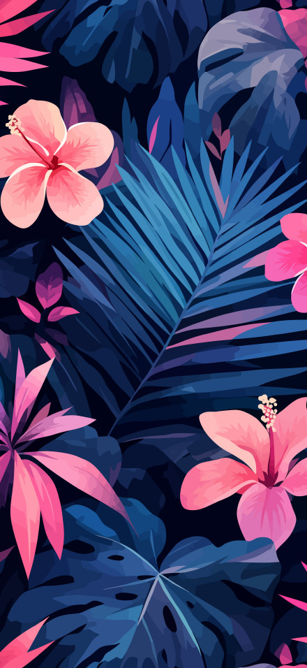 Illustration 4K Wallpaper: Dark, Blue, Pink, Palm Leaves, Hibiscus flowers
