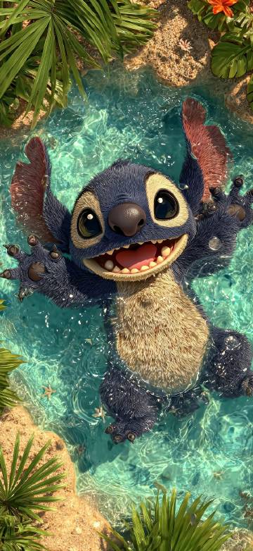 Stitch Ios26 Wallpaper: Hawaiian, Beach, Ocean, Cute, 3D