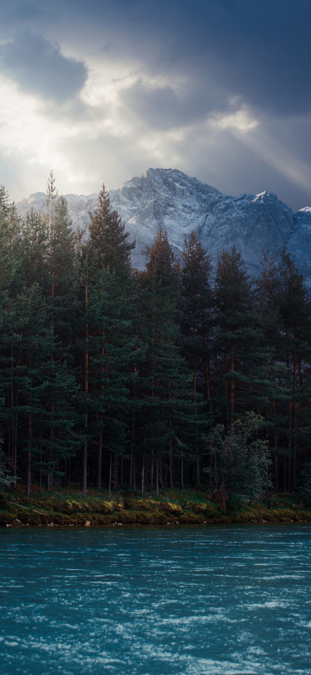Scenic 4K Wallpaper: Forest, Blue Water, Snowy Mountain