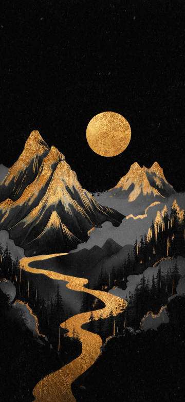 Illustration 4K Wallpaper: Mountains, Forest, Moonlight, Gold