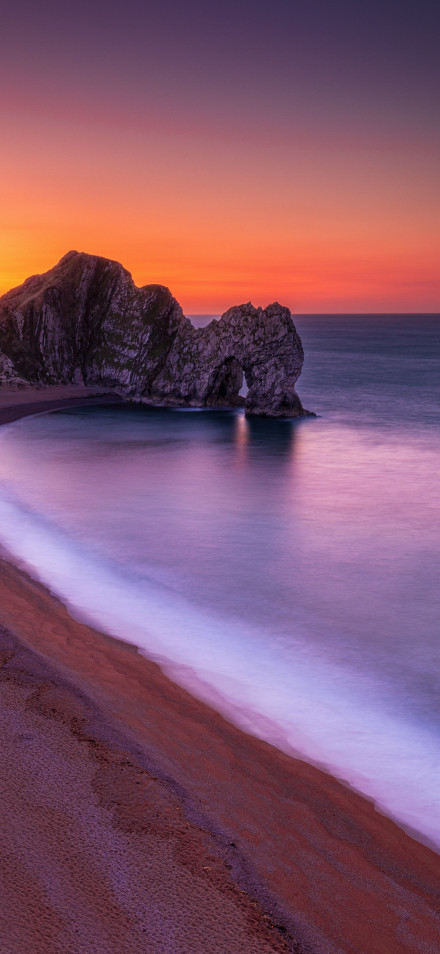 Landscape Wallpaper: Jurassic Coast Arch, Pink Purple Sky, Beach