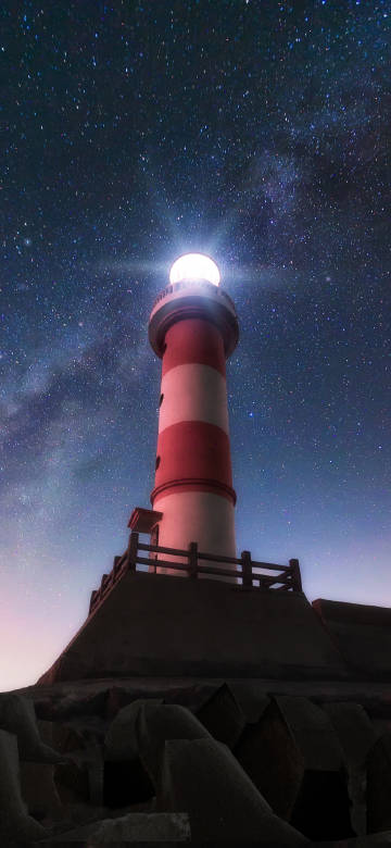 Landscape Wallpaper: Lighthouse , Bright Stars, Starry Night, Dark