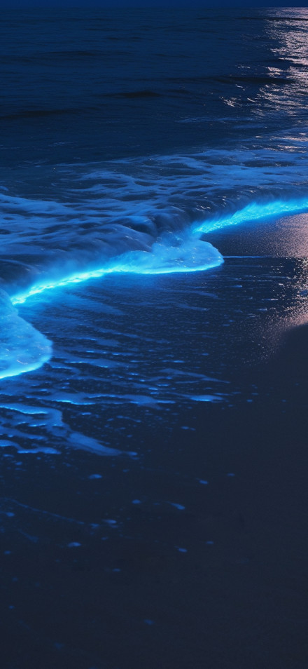 Dark 4K Wallpaper: Glowing Beach, Mysterious, Deep Blue Sea Free Download