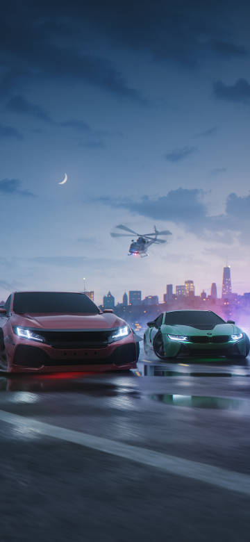 Night 4K wallpaper: city night, sports car, racing, helicopter