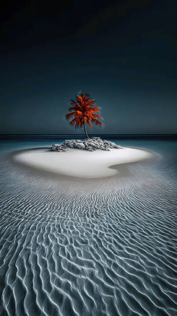 Minimalism Art: Fiery Palm Tree on Solitary Island Wallpaper