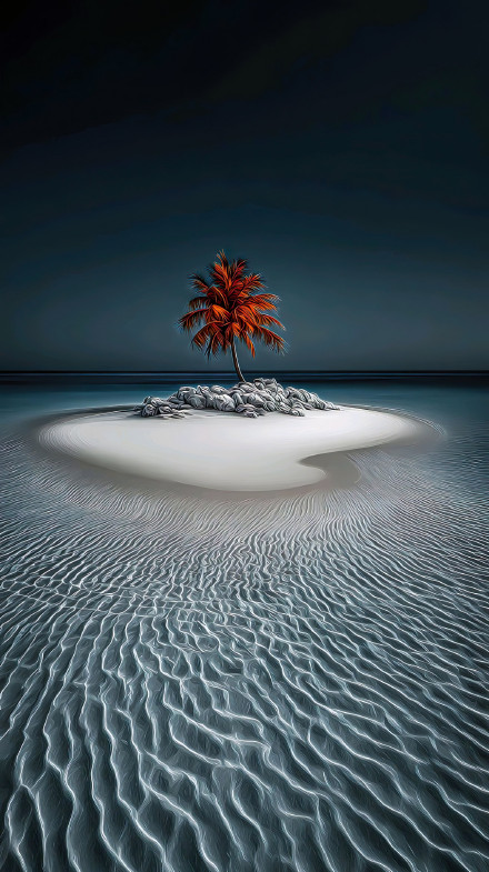 Minimalism Art: Fiery Palm Tree on Solitary Island Wallpaper