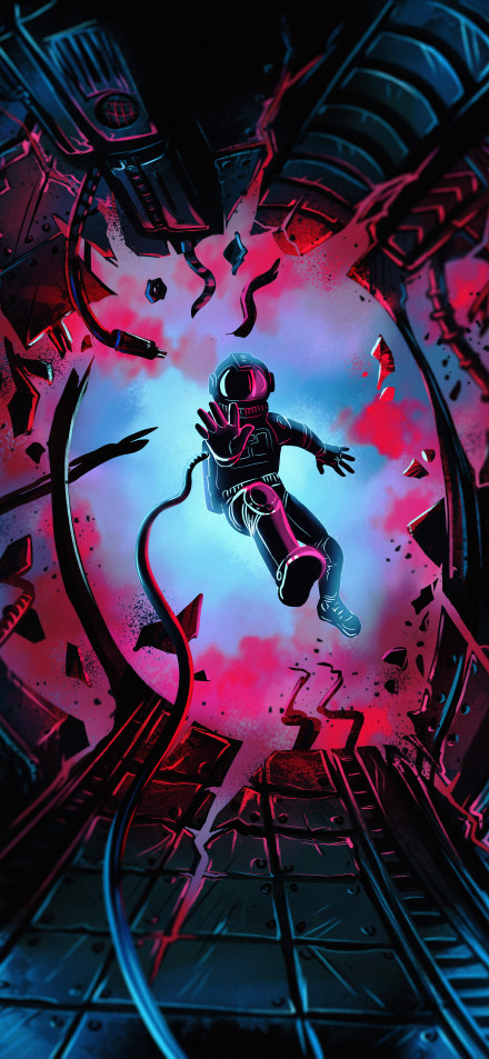 Sci-fi wallpaper: astronauts, weightlessness, explosions, dark illustrations, neon lights