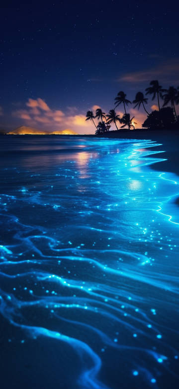 Fantasy seaside wallpaper: glowing sea water, sunsets, starry skies, palm trees