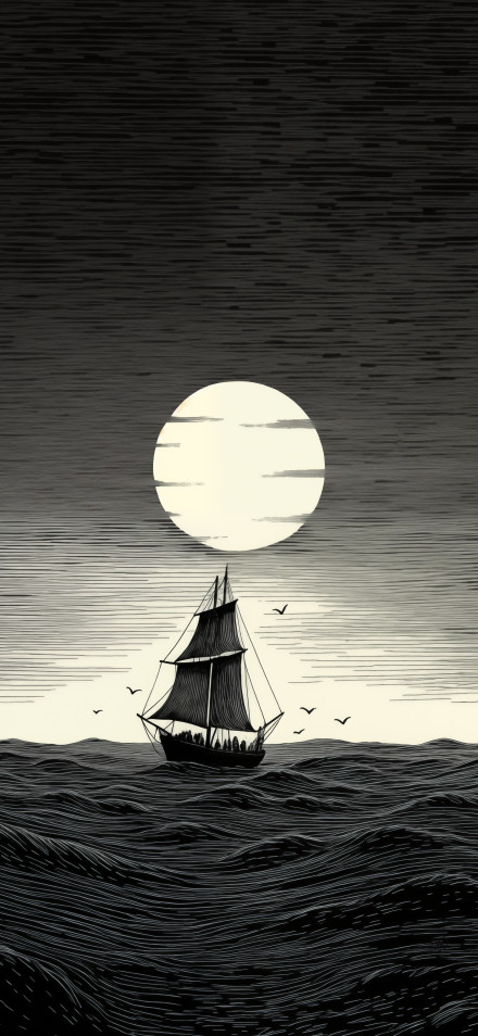 Illustration 4K wallpaper: waves, sailing, sailboats, full moon, night