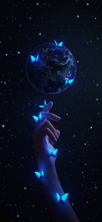 Dark 4K wallpaper: glowing butterflies, earth, hands, starry sky