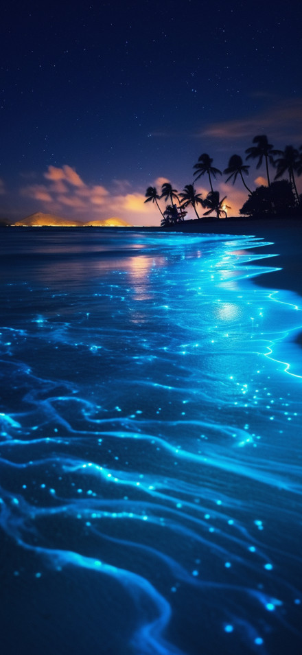 Fantasy seaside wallpaper: glowing sea water, sunsets, starry skies, palm trees