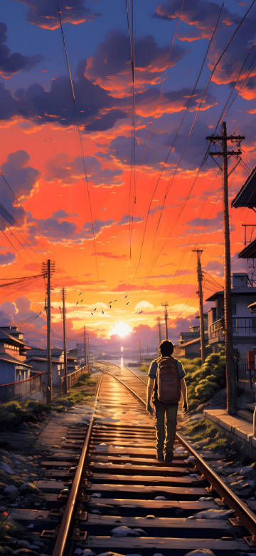 Anime Wallpaper: Sunset, Railroad Tracks, Solitude, Makoto Shinkai Aesthetic