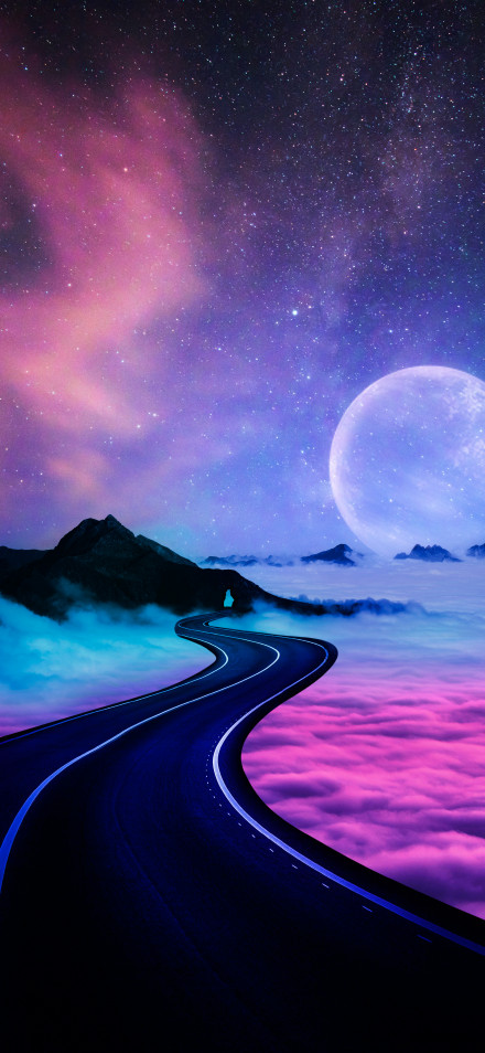 Fantasy 4K Wallpaper: Neon, Highway, Giant Moon