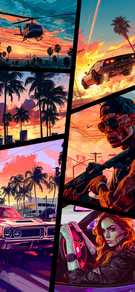 GTA V Style Wallpaper: Crime, Street Art, Palm Trees, Muscle Car, Phone Lock Screen