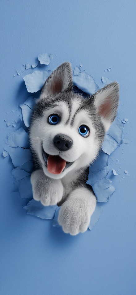 Cute Husky Puppy Breaking Wall 3D Art 4K Wallpaper
